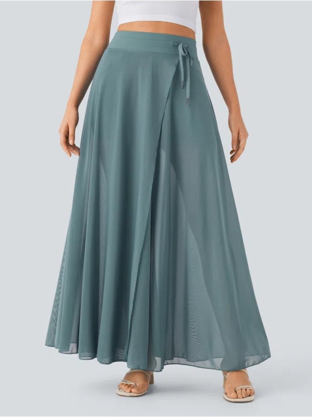 HALARA Women's High Waisted Mineral Blue Flowing Maxi Skirt with Waist Tie